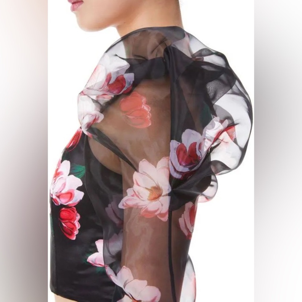 Alice + Olivia Floral Puff Sleeve Sheer Crop Top - Picture 8 of 11